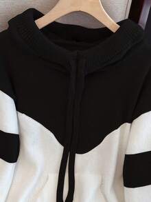 1 pieza Sudadera con capucha de punto de manga larga con cordón y bloque de color, suéter informal de calle para mujer, sudadera con bolsillo versátil y de moda - Negro - Ver 3