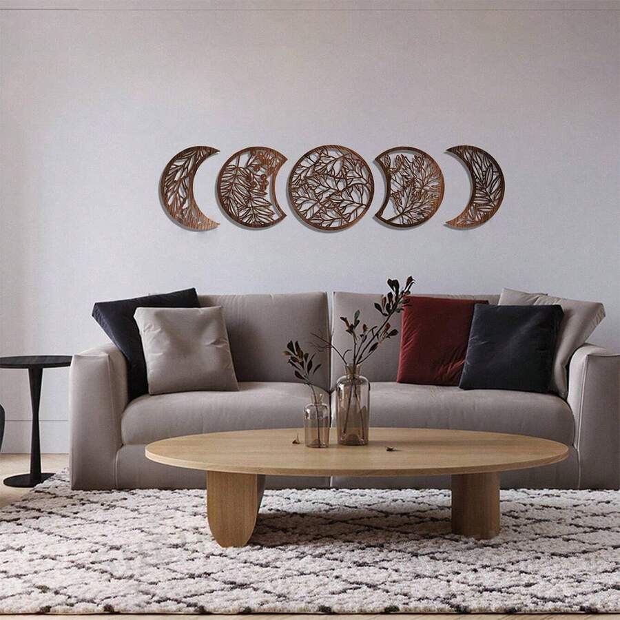 5 Piezas Decoración de pared colgante de fases lunares estilo bohemio sobre la cama, ornamento de pedimento de madera nórdica de fases lunares para sala de estar, dormitorio, hogar, decoración de apartamento, bar - Café integral - Ver 1