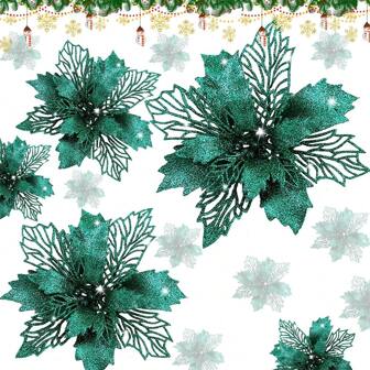1/10pcs Glitter Poinsettia Decoration Flowers With Clips, Rose Gold Glitter Mesh Leaves Artificial Poinsettia Flowers For Christmas Tree, Christmas And New Year Holiday Decorations, Shiny Artificial Christmas Flowers For Rose Gold Christmas Tree, Wedding Table Decor (Dark Green)