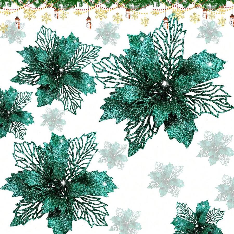 1/10pcs Glitter Poinsettia Decoration Flowers With Clips, Rose Gold Glitter Mesh Leaves Artificial Poinsettia Flowers For Christmas Tree, Christmas And New Year Holiday Decorations, Shiny Artificial Christmas Flowers For Rose Gold Christmas Tree, Wedding Table Decor (Dark Green)