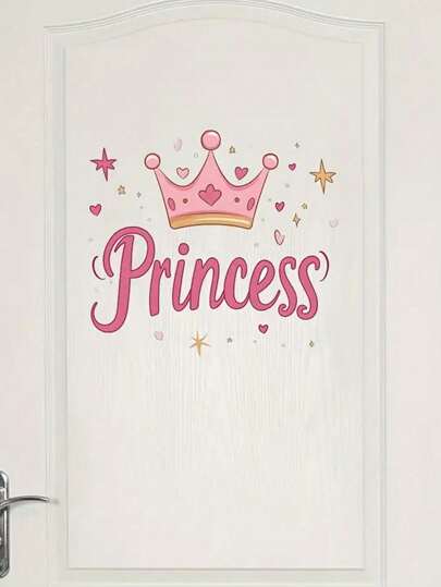 1pc Princess Vinyl Wall Decal, Art Deco Style Pink Crown & Glitter, Self-Adhesive Cartoon Door Sticker For Girls' Bedroom, Glossy Finish, Plastic Surface Compatible, Single Use Decorative Wall Art