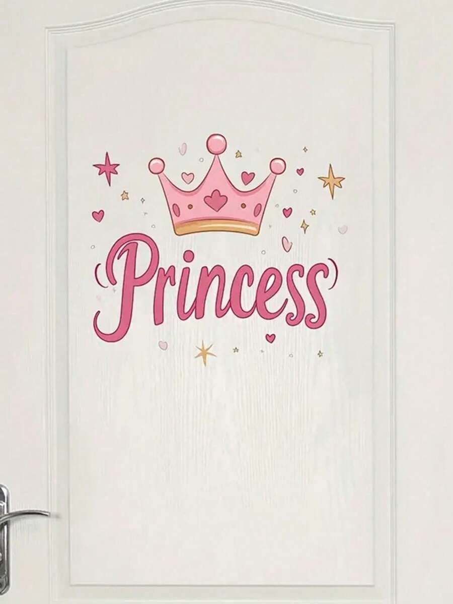 1pc Princess Vinyl Wall Decal, Art Deco Style Pink Crown & Glitter, Self-Adhesive Cartoon Door Sticker For Girls' Bedroom, Glossy Finish, Plastic Surface Compatible, Single Use Decorative Wall Art