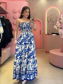 Look Of Millions!!! Long Strapless Dress With Floral Print - Dark Blue - View 1
