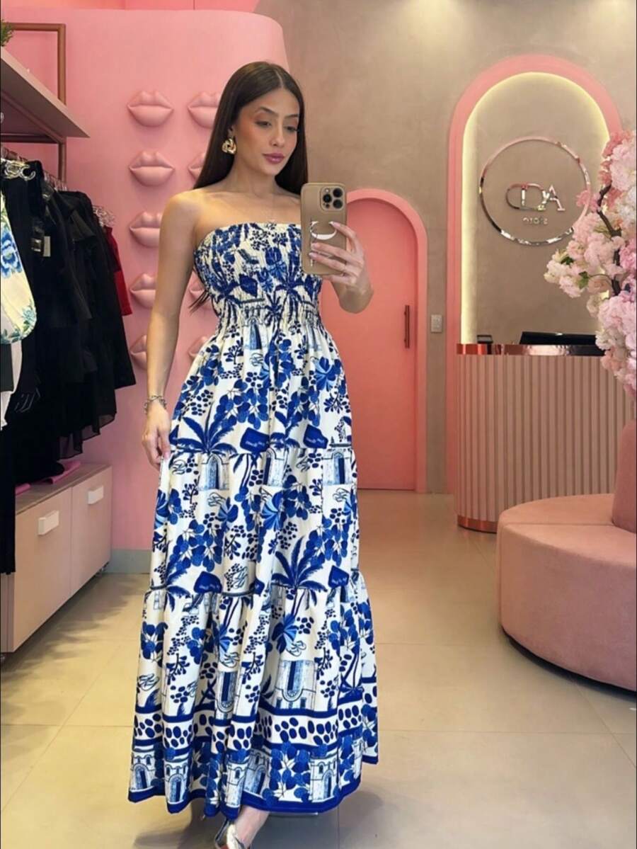 Look Of Millions!!! Long Strapless Dress With Floral Print - Dark Blue - View 1
