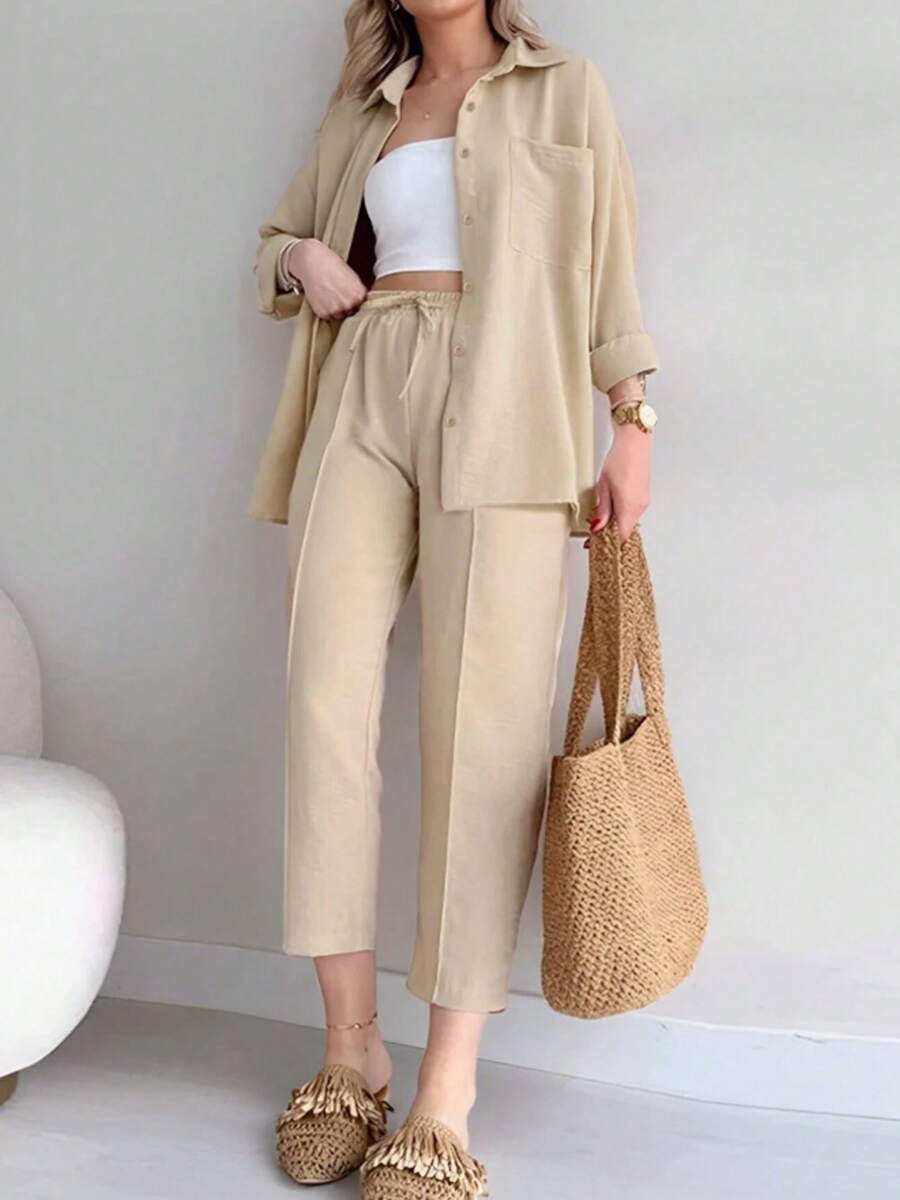Set de 2 piezas: blusa de manga larga con botones delanteros y bolsillos y pantalones largos con cintura anudada para mujer - Albaricoque - Ver 1