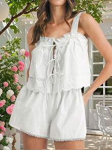 Women Shorts Set, Tie-Up Patchwork Camisole With Elastic Waist Shorts Summer Pajama Set Loungewear - White - View 2