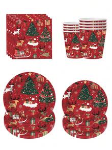10pcs Perlengkapan Pesta Natal Warna Merah Anggur, Dekorasi Set Peralatan Makan Tema Natal Merah, Piring, Serbet, Gelas, Perlengkapan Meja dengan Pola Pohon Natal, Santa, dan Rusa Kutub untuk Suvenir Pesta Natal Musim Dingin - MultiWarna - View 1