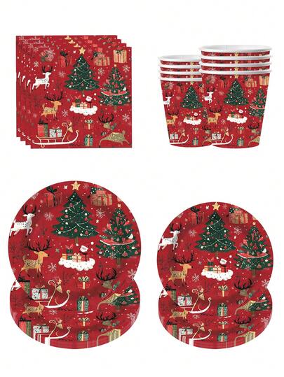 10pcs Wine Red Christmas Party Supplies Decorations Dinnerware Set Red Merry Christmas Theme Plates Napkins Cups Tableware Kit With Xmas Tree Santa Reindeer Gift Pattern For Winter Christmas Party Favors