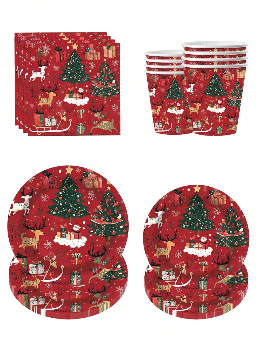 10pcs Perlengkapan Pesta Natal Warna Merah Anggur, Dekorasi Set Peralatan Makan Tema Natal Merah, Piring, Serbet, Gelas, Perlengkapan Meja dengan Pola Pohon Natal, Santa, dan Rusa Kutub untuk Suvenir Pesta Natal Musim Dingin - MultiWarna - View 1