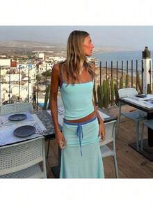 New Women's Clothing, Solid Color Sleeveless Suspender Tube Top, High Waist Long Skirt Set. - 藍色 - 查看 4