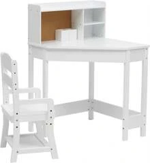 Dragonpad Kids Corner Desk, Kids Desk And Chair Set With Bookshelf, Children Study Table With Storage Shelf And Hutch For Home School Use, L Shape Kids Study Table For Boys And Girls 3-8, White
