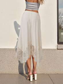 Women's Long Skirt Loose Fit Stylish Solid Color Lace Flower Hem Slit Low Rise Skirt For Summer - White - View 5