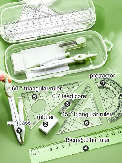 7pcs/Set Student Compass Ruler Set, Includes Protractor, Triangle Ruler, Angle Ruler, Pen Holder Ruler, Stationery Multi Functional Ruler,Student Learning Supplies,Multifunctional Exam & Learning Stationery Back To School