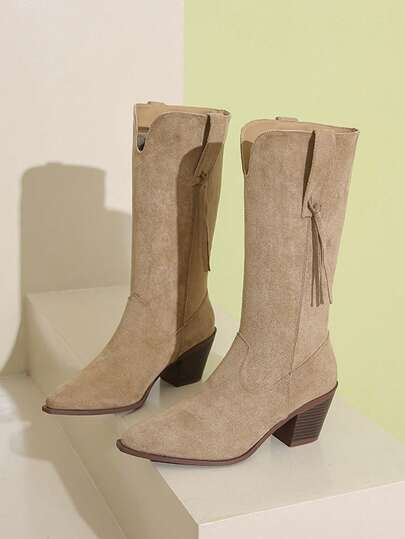 女士时尚尖头西部牛仔靴，细跟高筒复古英伦风流苏马靴，2025秋冬新款女鞋，时尚西部靴