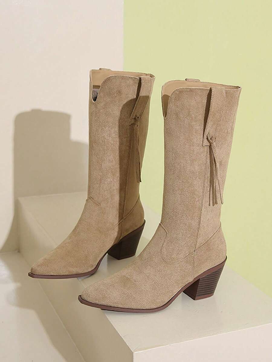 女士时尚尖头西部牛仔靴，细跟高筒复古英伦风流苏马靴，2025秋冬新款女鞋，时尚西部靴