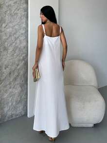 女士纯色休闲开衩露背拉链婚礼吊带背心连衣裙 - 白色 - 查看 3