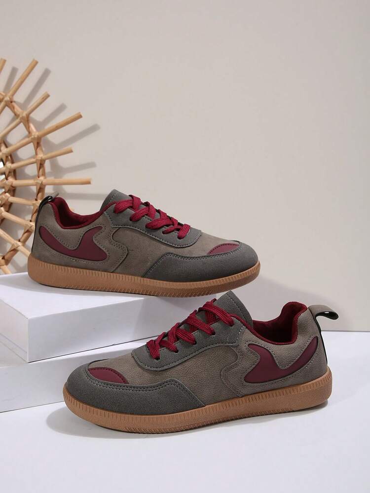 秋冬女士橡胶底皮革拼布休闲运动鞋，适合圣诞节、春节、日常穿着 - 灰紅 - 查看 6