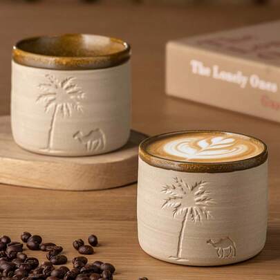 shoxil 1 件沙漠骆驼和棕榈树陶瓷咖啡杯，120ml/250ml/310ml - 可重复使用，仅可手洗，适合家庭聚会和特殊场合，沙漠主题礼物，沙漠咖啡杯 | 沙漠主题装饰 | 耐用陶瓷杯，咖啡杯