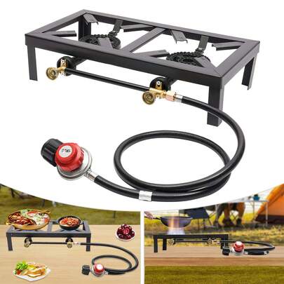 HYYKJ-US Double Propane Gas Burner Stove Camping BBQ Cooker Cooking With Regulator Hose