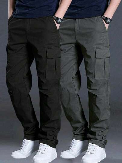 2-Pack Men's Outdoor Cargo Pants, Patch Pockets Simple Solid Color Casual Pants, Elasticated Waistband, Suitable For All Seasons, Suitable For Husband, Boyfriend Gifts