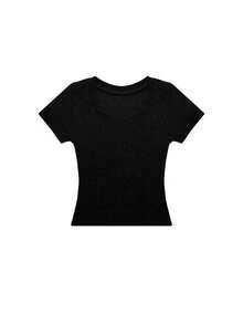 U-Neck All-Match Short Sleeve T-Shirt, Stretchy Slim Fit Solid Color Minimalist Top Casual Black Summer - Black - View 9