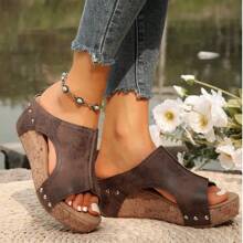 Ladies' Retro Wedge Sandals - Side Open Hollow Design, Comfortable Summer Platform Shoes, Casual Slip-On Design, Artificial Covering Fabric And EVA/PVC Sole, Stylish Metal Buckle Details