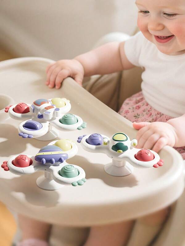 Conjunto de 3 brinquedos giratórios com ventosa planetária, rotação flexível de 360°, chocalho giratório, design de ventosa para superfícies lisas como azulejos e vidro, brinquedo para o banho, operação suave, materiais de qualidade com bordas arredondadas para fácil aderência, contas que fazem barulho dentro