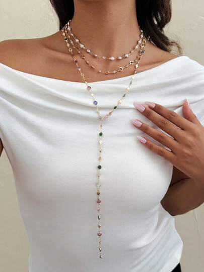 3 قطع عقد مكون من سلسلة على شكل حرف Y مزينة بالكريستال والخرز الصناعي على شكل قلب، طقم عقد مكون من طبقات ملونة من الكريستال، مناسب للنساء في المناسبات الرومانسية والعطلات والخروجات مع الأصدقاء وعروض الأزياء والسفر والحفلات والمناسبات الرسمية والتقاط الصور في الشارع
