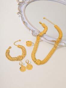 1 Set Ancient Coin Necklace, Earrings, Bracelet, Ring Vintage Element Jewelry Set, Ideal For Weddings, Parties, Festivals - Yellow Gold - View 4