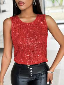 ChicMe Women's Shiny Sequin Sleeveless Round Neck Casual Fashionable Blouse - Red - View 5