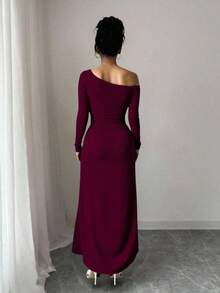 Vestido largo Hombro Descubierto Con Abertura en pierna Sexy Para Dama Ween femenino hombro caido elegante atrevido diferente corte asimétrico graduación boda formal - Vino - Ver 2