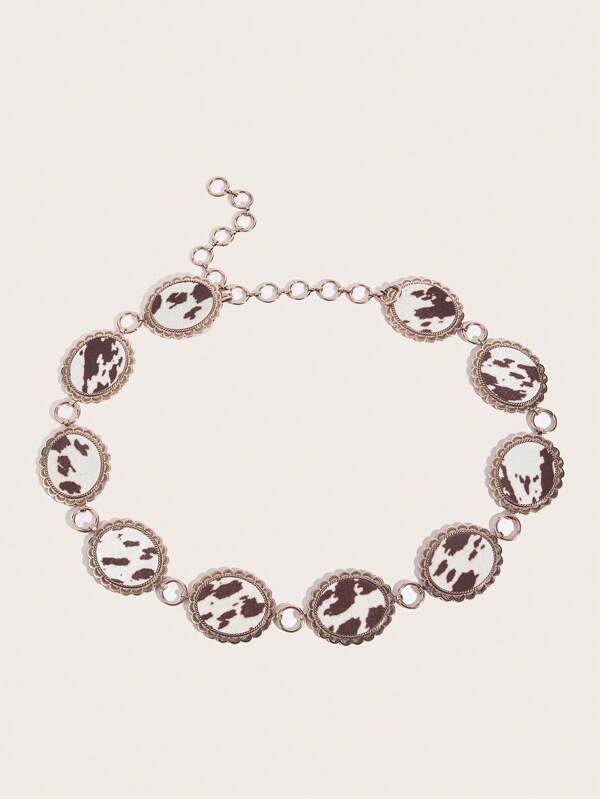 1pc Plus Size Boho Brown Cow Print & Leopard Print Women's Waist Chain, Metal Alloy Dress Belt, Round Vintage Waist Chain, High-End Feel, Suitable For Spring/Summer, Festivals, Parties, Graduation, Gift, Western Style Summer School Fall, Autumn, Halloween