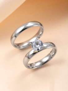 2 Stücke/Set einfache 4MM Zirkonia Dekor Edelstahl Ring für Frauen