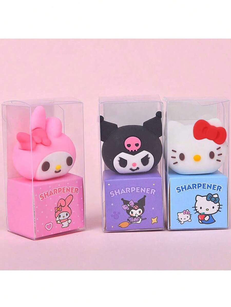 3 件装可爱 Sanrio 卡通学生卷笔刀和铅笔刀，开学季用品，用于学校用品，返校 - 彩色 - 查看 1