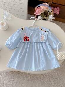 Autumn Baby Girls' Navy Collar Embroidered Long Sleeve Dress - Baby Blue - View 6