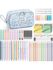 62PCS Large Capacity Pencil Pouch Stationery Pen Bag With Pastel Highlighters Black Ink Gel Pens Mechanical Pencils Set 0.5mm, 0.7mm & 2.0mm, Aesthetic School Supplies For Back To School Student & College Essentials Gifts - Blue Floral - 查看 1