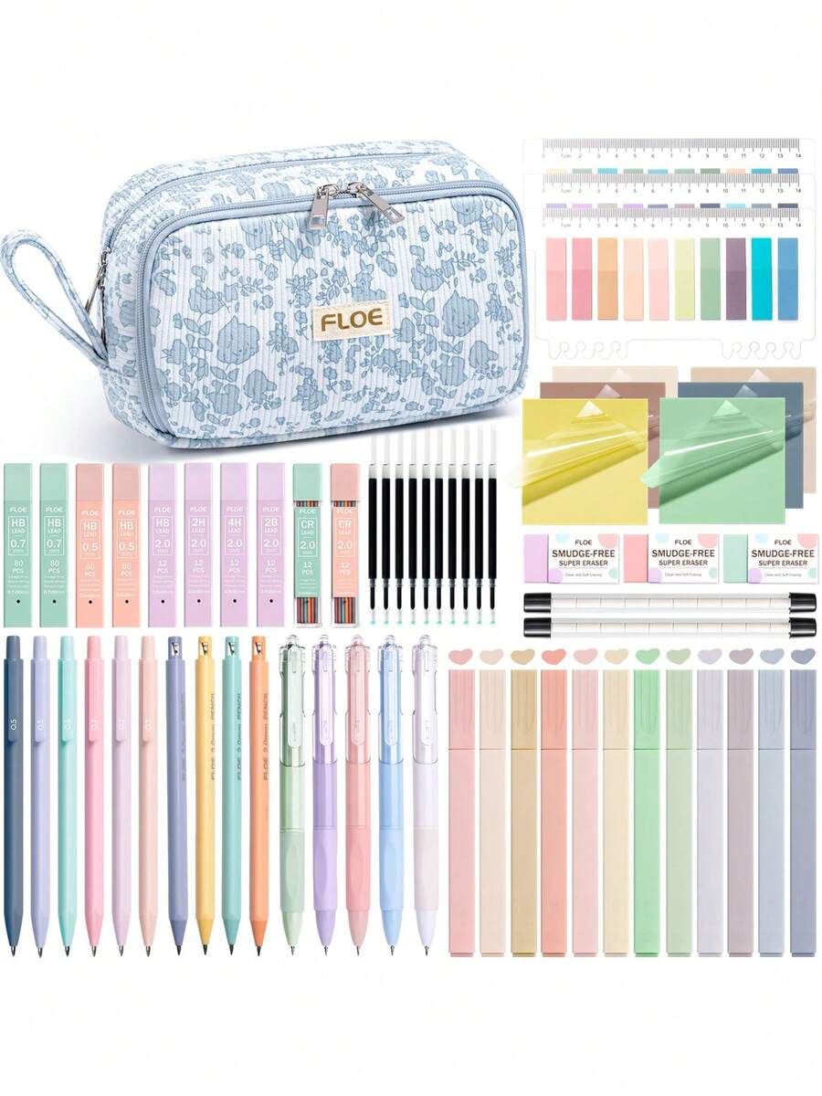 62PCS Large Capacity Pencil Pouch Stationery Pen Bag With Pastel Highlighters Black Ink Gel Pens Mechanical Pencils Set 0.5mm, 0.7mm & 2.0mm, Aesthetic School Supplies For Back To School Student & College Essentials Gifts - Blue Floral - 查看 1