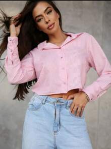 Camisa Cropped Casual Combinável de Manga Longa Feminino - Rosa listrado - Visão 1