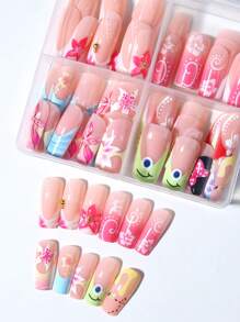 96 件（4 种混合）长方形 3D 凝胶指甲制作芙蓉花指甲蜜蜂和蝴蝶图案设计法式亚克力按压指甲长珍珠装饰完美贴合假指甲套装，包括：1 件果冻胶和 1 件指甲锉，易于佩戴夏季指甲和法式尖头指甲艺术，适合女性和女孩日常佩戴和派对使用指甲用品指甲