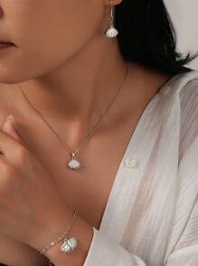 1pc Fashion Simple Micro-Inlaid Zirconia Faux Pearl Shell Necklace, Elegant Ocean Series Shell Shaped Faux Pearl Pendant Necklace, Ideal Gift For Girlfriend On Valentine's Day - Silver - View 8