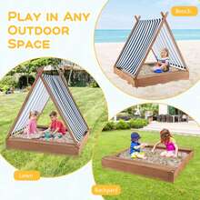 Lifezeal Wooden Sandbox With Canopy Tent Design Fir Wood Frame 2 Bench Seats Bottom - Brown - View 3