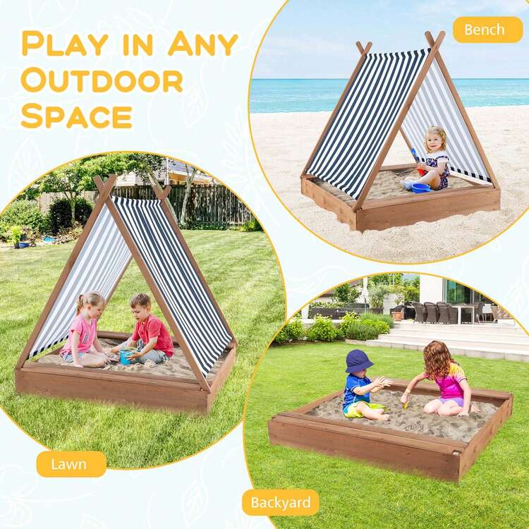 Lifezeal Wooden Sandbox With Canopy Tent Design Fir Wood Frame 2 Bench Seats Bottom - 棕色 - 查看 3