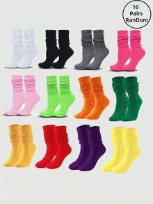 10 أزواج (مجموعة عشوائية) جوارب طاقم متوسطة الطول ملونة ذات ألوان حلوى، مريحة، للجنسين