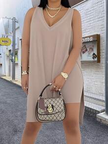 1pc Plus Size Women's Sexy Sleeveless, Soft And Comfortable Loose V-Neck With Elastic, Skin-Friendly And Breathable, Simple And Elegant Clothing - 棕色 - 查看 2