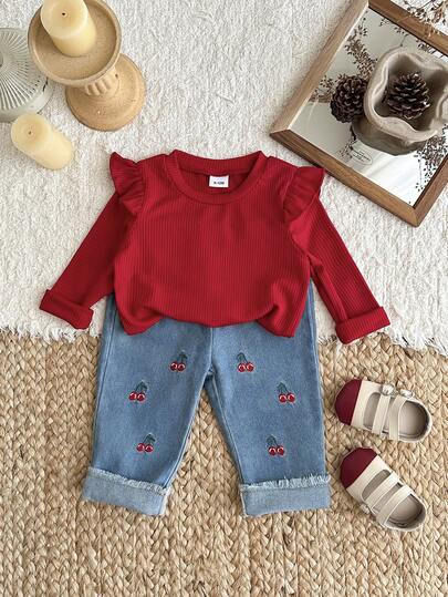 2 st babyflickor långärmad t-shirt med raka ben och körsbärsbroderi, vintage streetwear söt outfit lämplig för utflykt, hem, fest
