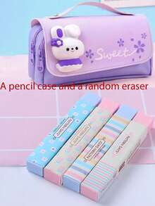 可爱三层铅笔盒，大容量，防水，兔子减压铅笔盒，适合女生和小学生，文具包 - 彩色 - 查看 6