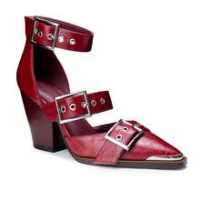 Western Chunky Sandals For Women Pointed Toe Block Heels Faux Leather Metal Buckle Strappy Pumps Ankle Strap Western Sandals - Màu Đỏ Sâu - Xem 5