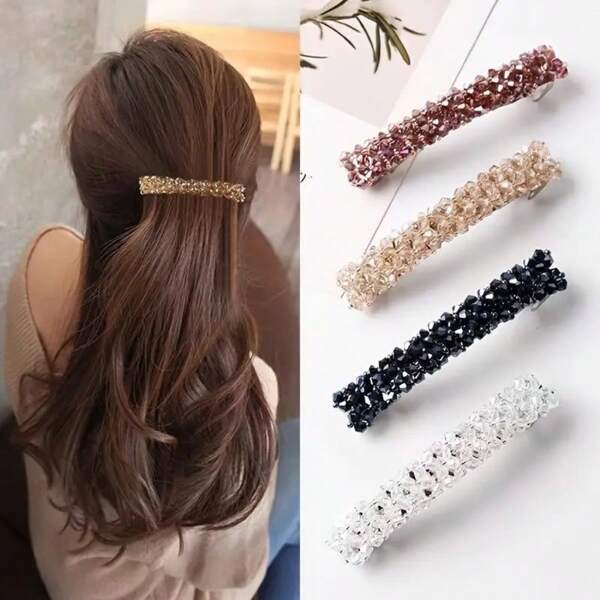 4pcs Elegant Faux Crystal Rectangle Hair Clips - Golden Metal Hair Barrettes With Spring Clamps, School Stuff