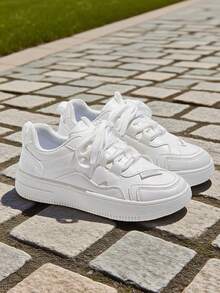 Women's Solid White Travel Shoes, PU Sneakers, Women's Sneakers With Thick Sole And Front Laces, Breathable And Fashionable For Women, Lightweight - 白色 - 查看 4