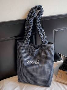 New Casual Fashion Plaid Tote Bag, Pleated Strap, Korean Style Loose Lettering Handbag, Foldable Large Capacity Shoulder Bag For University, Shopping, Travel , Office Bag - Multicolor - View 5